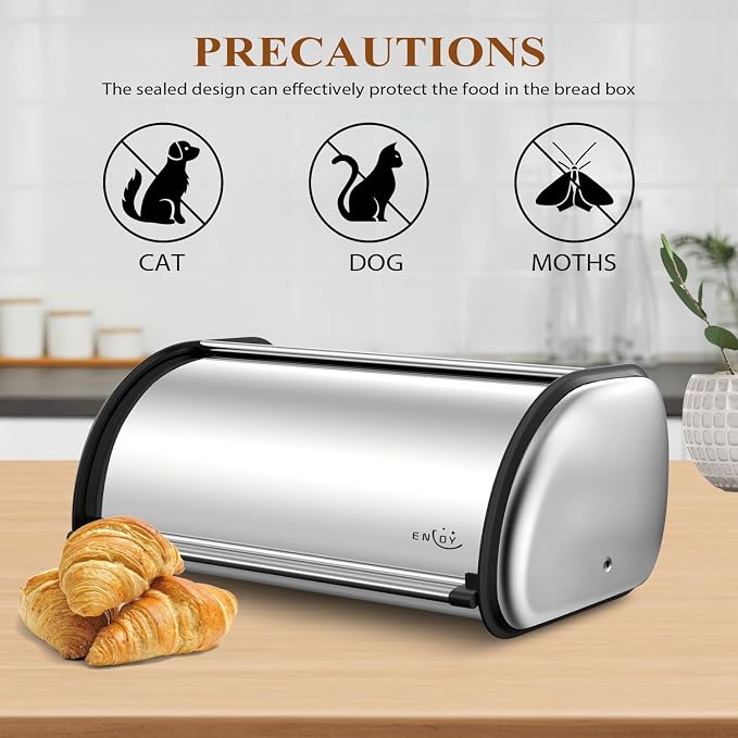 ENLOY Bread Box for Kitchen Counter, Stainless Steel Roll Top Bread Bin, Sliver Bread Storage Holder with Lid, Large Capacity Bread Keeper, 17 x 11 x 7 Inches - Image 5