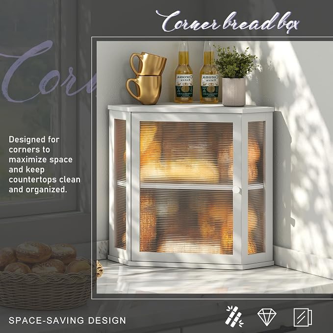 Corner Bread Box for Kitchen Countertop, Farmhouse Style with Acrylic Wavy Door Panel White Counter Bread boxes, Extra Large Food Storage Container - Image 3