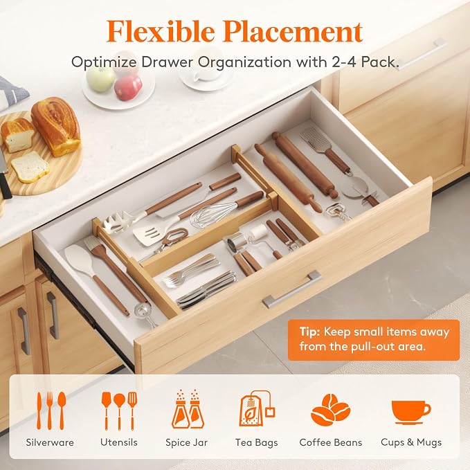 Lifewit 2.4" High 8 Pack Bamboo Drawer Dividers 33-42cm/13-16.5" Adjustable Wooden Drawer Organizer for Clothes/Utensils, Expandable Drawer Separator for Dresser/Kitchen/Bedroom/Office Organization - Image 6