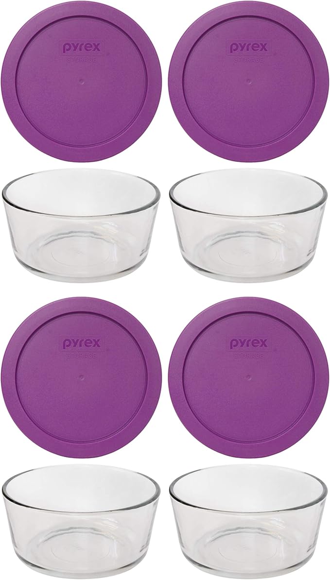 Pyrex 7201 (4-Cup) Glass Bowls with Thistle Lids (4 Pack) - Made in USA | 7201-PC | BPA-Free Plastic | Top-Rack Dishwasher Safe | Refrigerator And Freezer Safe | Stackable by Pyrex