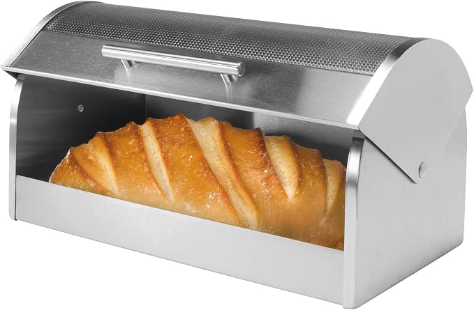 Oggi Stainless Steel Roll Top Bread Box for Kitchen Countertop with Tempered Glass Lid - Fits Multiple Large Loaves of Bread and Other Freshly Baked Goods Including Cookies, Bagels, Muffins - Image 2