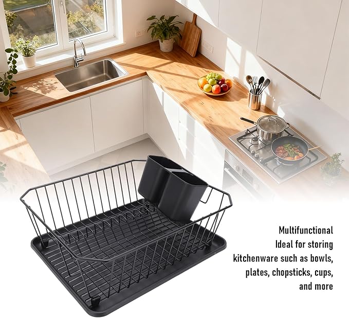 Asixxsix Dish Drying Rack, Stainless Steel Dish Drainer with Utensil Holder and Drainboard, Sink Organization and, 14" x 12" x 5" for Home and Apartment Decor (Black) - Image 2