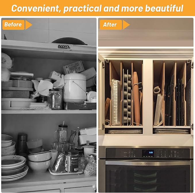 6 Pieces Wood Cabinet Dividers for Baking Sheets,DIY Kitchen Cabinet Dividers with 12 Slideways&36 Screws,Easy Install&Clean,Wood Tray Dividers for Cabinets, Kitchen,Utility Rooms, Bathrooms - Image 2