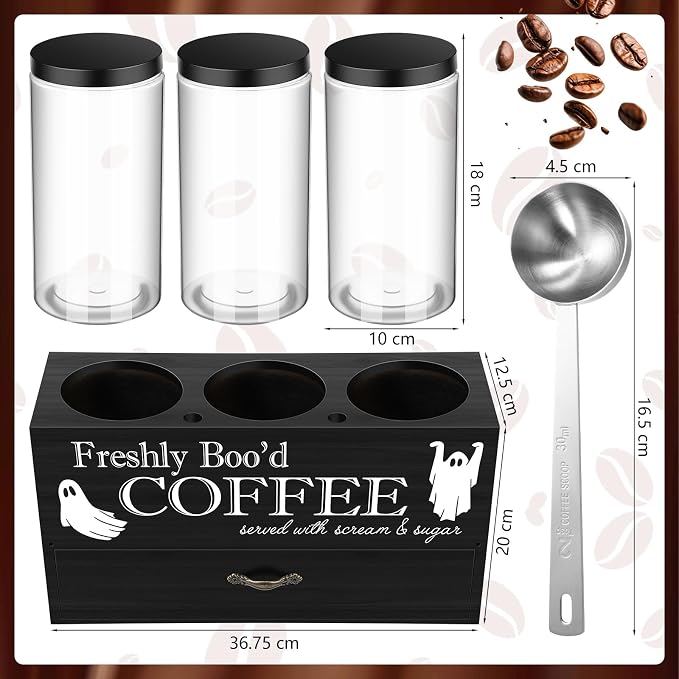 3 Pcs Halloween Coffee Bar Containers Set Include Coffee Sugar Container with Lid and Spoon and Double Layer Storage Box with Drawer for Bar Kitchen Countertop(Black) - Image 2