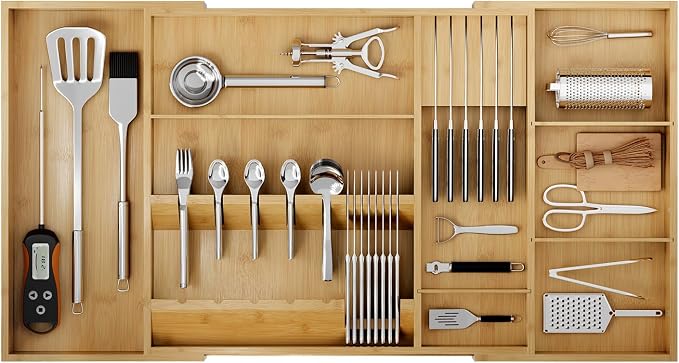 Bamboo Silverware Drawer Organizer, 17.72-29.53 Inch Expandable Large Kitchen Drawer Organizer, 5-8 Slot Flatware with Removable Card Slots & Knife Block for Spoon Butter Knive, Natural by Landmok