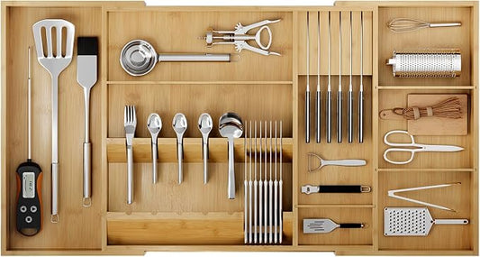 Bamboo Silverware Drawer Organizer, 17.72-29.53 Inch Expandable Large Kitchen Drawer Organizer, 5-8 Slot Flatware with Removable Card Slots & Knife Block for Spoon Butter Knive, Natural by Landmok