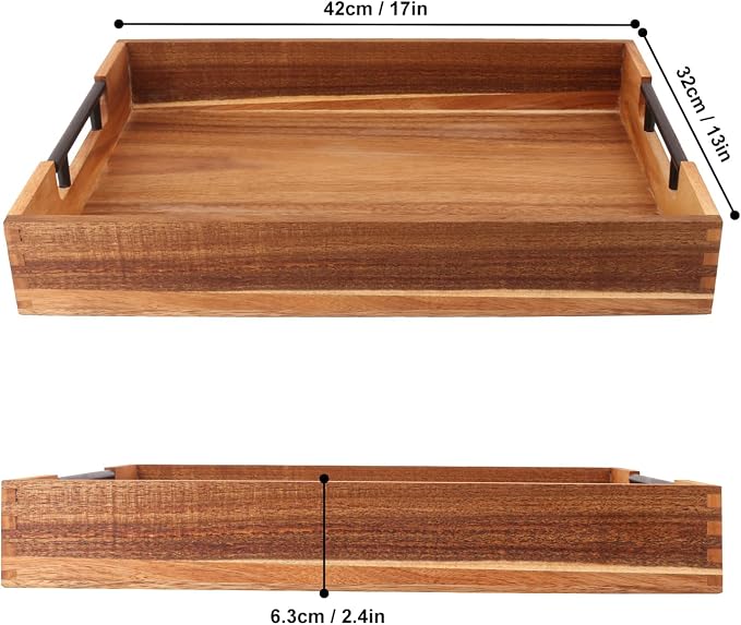 2 PCS Acacia Wood Serving Tray with Black Handles - 13 x 17 inches Premium Wooden Tray for Ottoman and Coffee Table Tray, Home Decor, Kitchen - Image 2