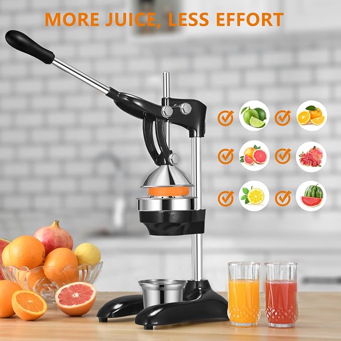 TONGCHANT Cast Iron Manual Juicer, Dual Pattern & 19" Tall | Heavy Duty Orange Juicer Squeezer for Lemon Lime & Pomegranate, Citrus Press, Stainless Steel Cup, Easy to Clean, Black - Image 2