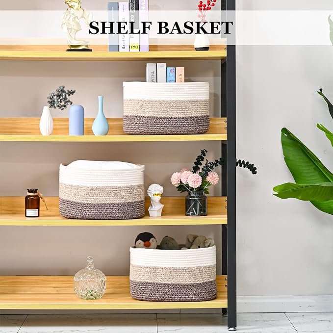 Cotton Rope Storage Baskets for Organizing 1Pack 15"x10"x9" Woven Baskets for Storage,Shelf Baskets Cube Storage Bins Towel Baskets for Bathroom,Toys Baskets Nursery Basket Laundry Baskets(White/Brown) - Image 3