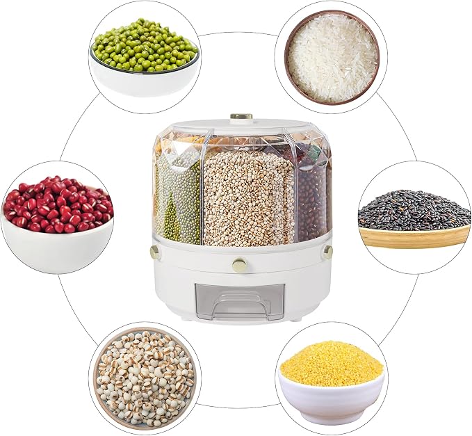 360° Rotating Grain Dispenser With 6 Grids, 13.2lbs Large Capacity Grain Dispenser Rotating Kitchen Storage Containers With Sealed Lid For Peanut Barley Millet And Cereal (White,Gold, 13.2 lbs) - Image 5