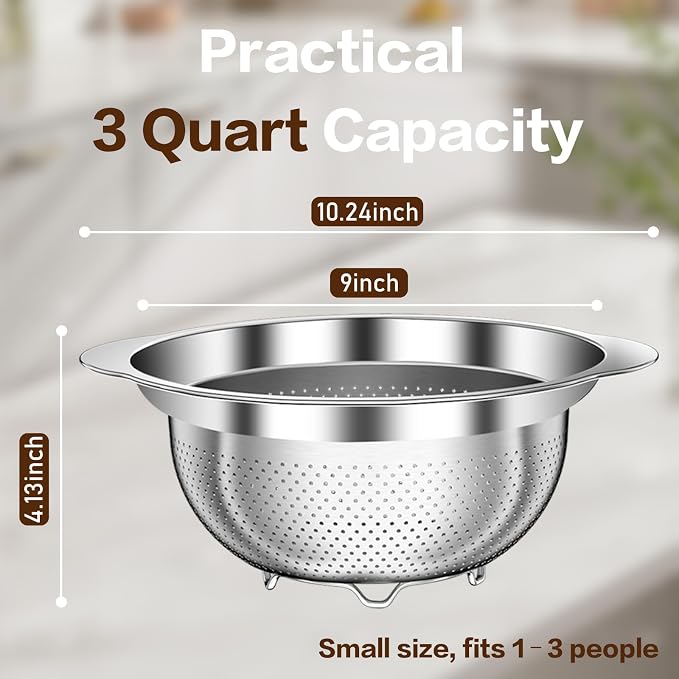Colander, Stainless Steel Colander for Kitchen, Stainless Steel Strainer, Pasta Strainer for Spaghetti Fruits Vegetables Cooking Food, Kitchen Food Strainer - 3 QT - Image 7