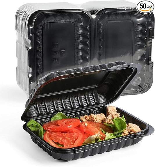 YANGRUI 50-Pack 28oz 9x6 Takeout Containers - Shrink Wrapped No Pre-Wash | Heavy Duty Mineral PP, Microwave & Freezer Safe | Reusable Clamshell for Meal Prep, Work Lunch, Leftovers, Picnic & Party by YANGRUI