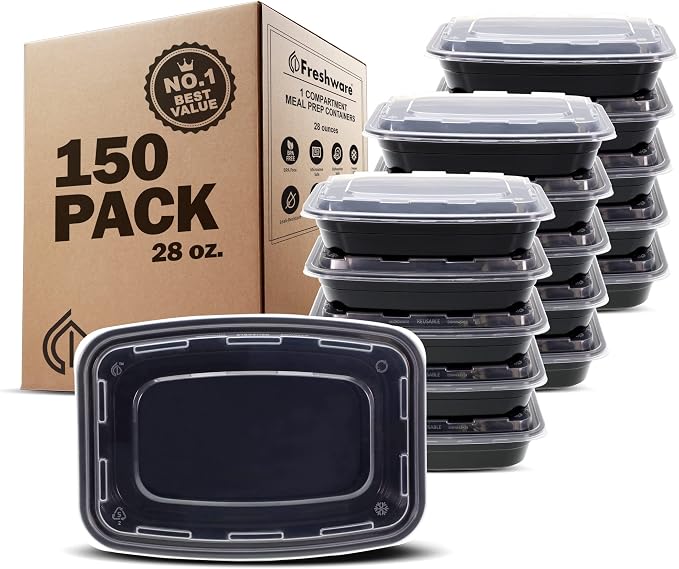 Freshware Meal Prep Containers [150 Pack] 1 Compartment Food Storage Containers with Lids, Bento Box, BPA Free, Stackable, Microwave/Dishwasher/Freezer Safe (28 oz) by Freshware