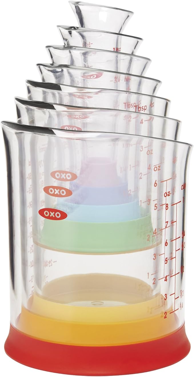 OXO Good Grips 3 Piece Squeeze & Pour Silicone Measuring Cup Set (Blue) and OXO Good Grips 7-Piece Nesting Measuring Beaker Set - Image 5