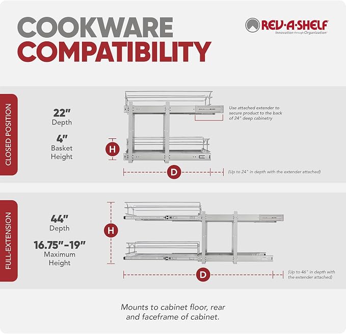 Rev-A-Shelf 2-Tier Pullout Shelf and Drawer Organizer for Kitchen Cabinets, Slide Out Storage Basket, Min Opening Width of 20.5", 21" x 22", 5WB2-2122CR-1 - Image 8