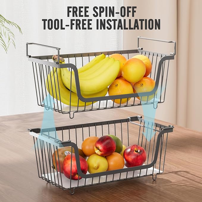 4 Pcs Stackable Wire Baskets for Pantry Organizers and Storage, | Vegetable Fruit Basket for Countertop,Kitchen Storage Metal Baskets,Produce Potato Onion Storage Bin,Gray - Image 6