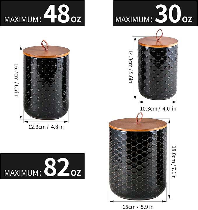 JOJUNO Black Ceramic Canister Set with Wooden Lids – 3-Piece Airtight Food Storage Jars for Kitchen, Embossed Design, Small/Medium/Large Sizes (30/48/82 oz) – Flour, Sugar, Coffee, Tea Containers - Image 2