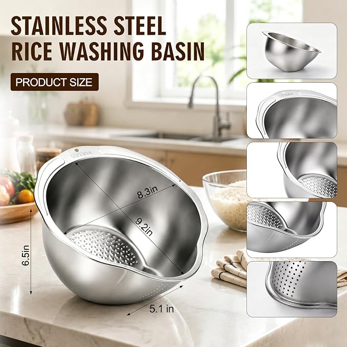 Palksky Rice Strainer & Rice Washing Bowl Stainless Steel - 5.6 Qt Professional Fine Mesh Rice Washer for Kitchen - Heavy Duty Rice Rinser, Cleaner & Drainer Colander for Quinoa, Grains & Fruit - Image 6