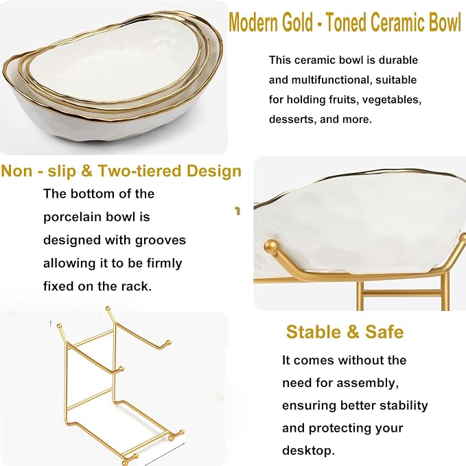Fruit Bowl Basket for Kitchen Countertop, 3 Tier Fruit Holder with Gold Metal Stand, Serving Tray for Food, Vegetable, Cake, Dessert in Party (Gold, 3 Tier) - Image 5