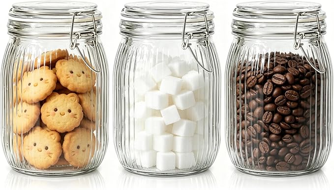 ComSaf Ribbed Glass Pantry Jars with Airtight Lids 34 oz 3 Pack Coffee | Flour sugar coffee beans, Fermenting pickling, Farmhouse pantry decor, Kitchen storage, Dry food storage, Sourdough starter by ComSaf