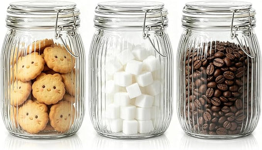 ComSaf Ribbed Glass Pantry Jars with Airtight Lids 34 oz 3 Pack Coffee | Flour sugar coffee beans, Fermenting pickling, Farmhouse pantry decor, Kitchen storage, Dry food storage, Sourdough starter by ComSaf