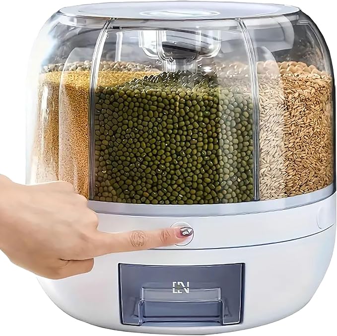 Rotating grain storage container,rice dispenser,6-compartment rice container, 360° rotating food dispenser One-Click Output rice Storage Round Grain Dispenser Kitchen for Grains, Beans, Rice. by Unknown