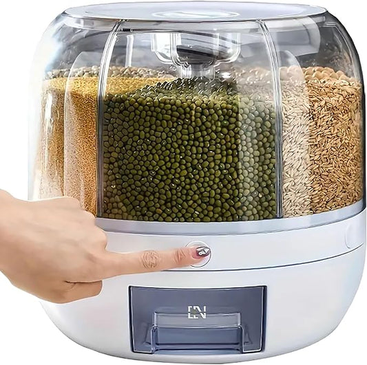 Rotating grain storage container,rice dispenser,6-compartment rice container, 360° rotating food dispenser One-Click Output rice Storage Round Grain Dispenser Kitchen for Grains, Beans, Rice. by Unknown