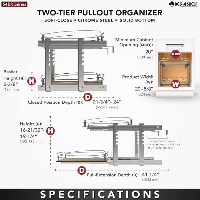 Rev-A-Shelf 2 Tier Pull Out Kitchen Cabinet Storage Organizer with Solid Bottom & Undermount Soft-Close Full Extension Slides, Min Opening Width of 20", 54BK-21SC-2-1 - Image 5