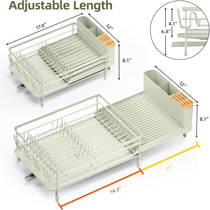 Urackify Extendable Dish Rack, 18.5"-26.7" L x 12.7" W, Soft Celery Green | Multifunctional large dish rack with cup holder and built-in cutlery holder for versatile drying needs - Image 8