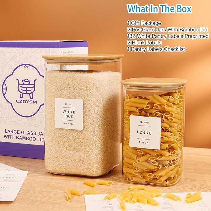 2 Pack large Square Glass Flour and Sugar Containers with 132 Kitchen Pantry Labels - 149 floz & 71 floz - Glass Jars with Airtight Bamboo Lid - Glass Rice Canisters for Coffee, Pasta, Cookie, Cereal - Image 2