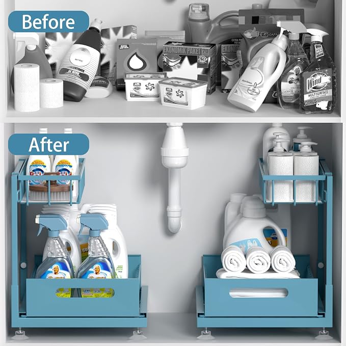 2-Pack L-Shaped Under Sink Organizer, 2-Tier Pull-out Cabinet Rack | Teal Height-Adjustable Steel Rack, Sliding Grid Drawers with PP Liners, Holds 100 Lbs, Suction Base, Ideal Kitchen Storage - Image 2