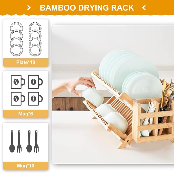 Bamboo Dish Drying Rack, 3-Tier Collapsible Wooden Dish Rack with Utensil Holder, Bamboo Dish Drainer Rack for Kitchen Counter 25pcs - Image 3