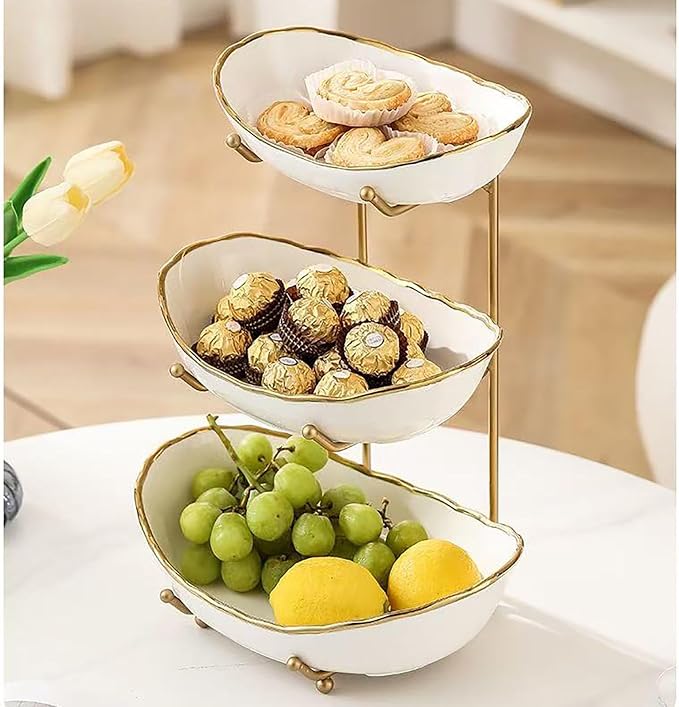 3-Tier Fruit Bowls for Kitchen Counter,Ceramic White Bowl with Gold Metal Stand,3 Tier Fruit Basket for Fruit,Snack,Cake,Nuts,Dessert Storage - Image 7