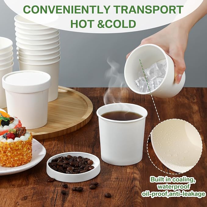 Irenare 200 Pack 12 oz Disposable Containers with Lids for Soup Ice Cream Food Fruit Bulk Paper Bowls Storage Cups with Lids, Microwavable and Freezer Safe(White) - Image 4
