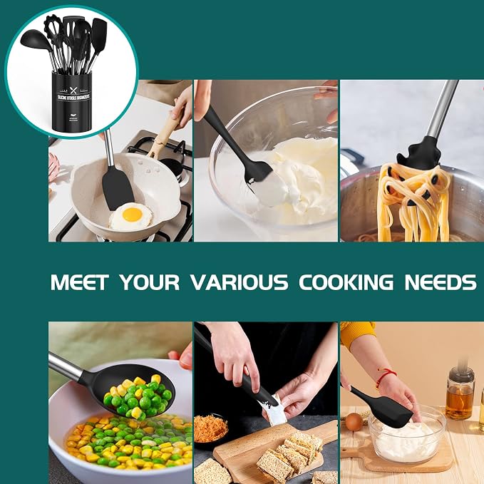 Silicone Cooking Utensil Set, Umite Chef 15pcs Silicone Cooking Kitchen Utensils Set, Non-stick - Best Kitchen Cookware with Stainless Steel Handle - Black Kitchen Utensils - Image 6