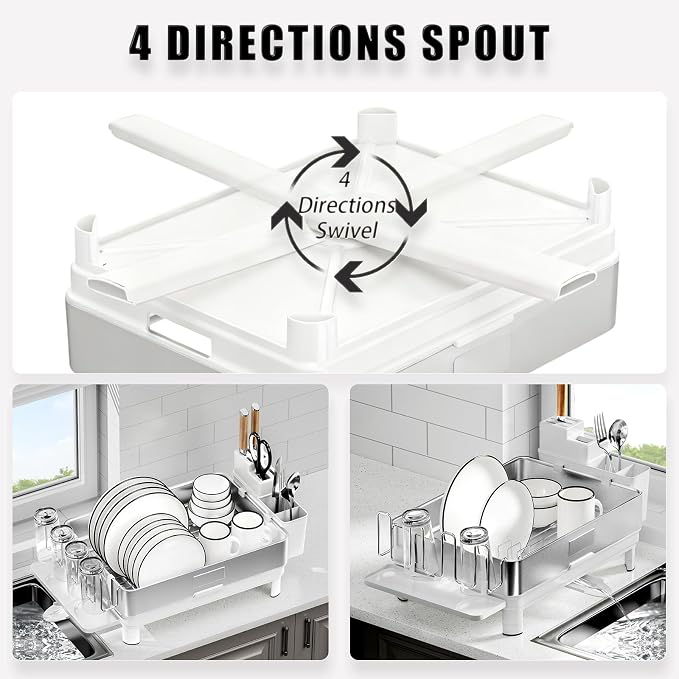 Dish Drying Rack, 304 Stainless Steel Dish Racks for Kitchen Counter | Dish Drainers with Automatic Drainage, Utensil Holder & Cups Holder, Space Saving Kitchen Organizer, White - Image 3
