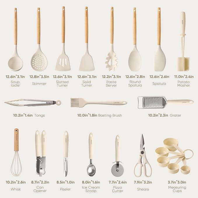 CAROTE 22-Piece Cooking Utensils Set with Wood Cool-Touch Handles, Cream | Silicone Kitchen Utensil, Food Grade, Nonstick Cookware Friendly, BPA-Free, Heat-Resistant, Everyday Home Essentials, Gifts - Image 2