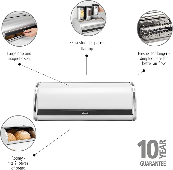 Brabantia Roll Top Bread Box | Large | White | Metal Front Opening Bread Store for Kitchen Countertop | Partly Flat Top for Extra Storage, Magnet Closing Lid | Fits 2 Loaves - Image 3