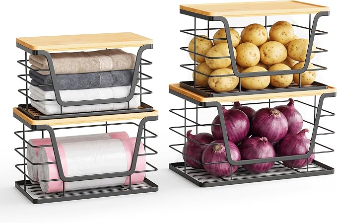 ALOCEO 4 Pack Stackable Storage Bins with Lids, Stainless Steel Trash Bag Dispenser Roll Holder for for Kitchen Sink, Laundry, Pantry Organizer and Storage, Black - Image 3