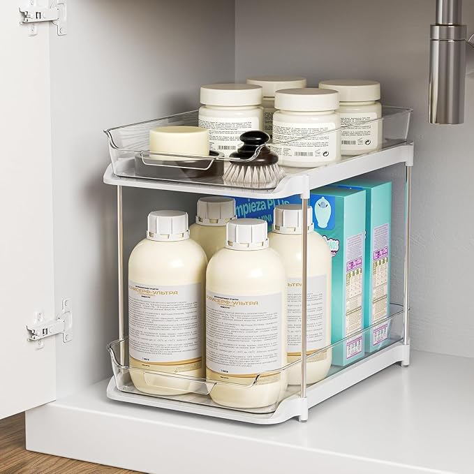Delamu 2-Tier Multi-Purpose Bathroom Under Sink Organizers and Storage, Stackable Kitchen Pantry Organization, Pull Out Medicine Cabinet Organizer with Movable Dividers, White, 1 Pack - Image 7