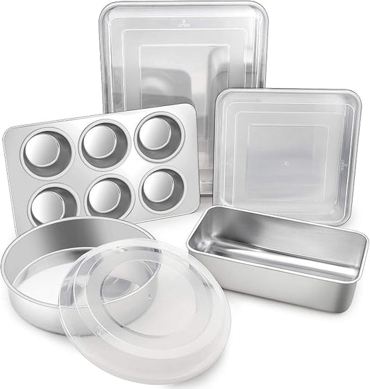 TeamFar Stainless Steel Bakeware Set of 5 | Baking Roasting Pan Set with Lid, Lasagna Pan with lid, Square & Round Cake Pan, Loaf Pan & Muffin Pan, Healthy & Sturdy by TeamFar