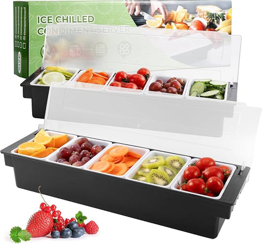 WICHEMI Ice Chilled Condiment Caddy with 5 Removable Trays and Lid, 2 Pack | Condiment Container, Taco Bar Serving Tray, Fruit & Garnish Trays Serving Platter for Salad, Party Supplies & Bar Accessories by WICHEMI