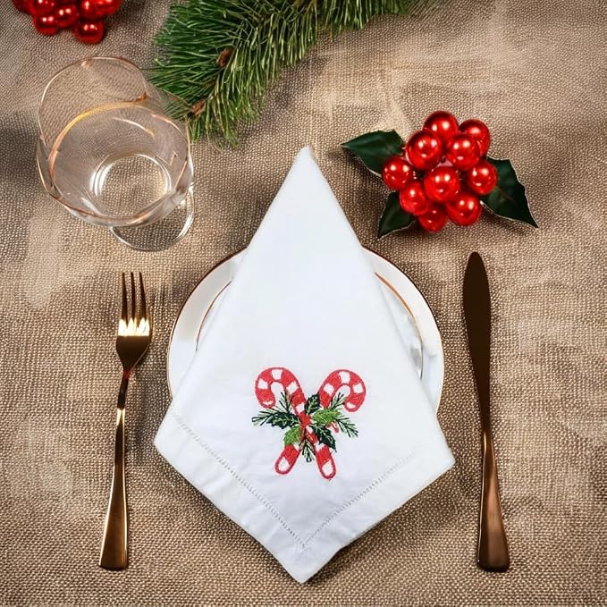– Embroidered Cloth Napkins Double Candy Christmas Design, Set of 6, Cotton Hemstitch Table Napkins 20x20, Machine Washable – Festive & Elegant Holiday Dining, Ideal Gift Idea - Image 8