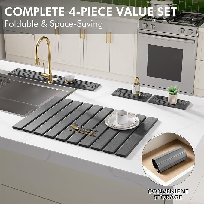 4 Pcs Stone Dish Drying Mat for Kitchen Counter, 24''x16'' Super Absorbent Diatomaceous Earth Stone Drying Mat Faucet Mat with 2 Coasters, Quick Dry Mat for Kitchen Counter Dishes Cups - Image 2