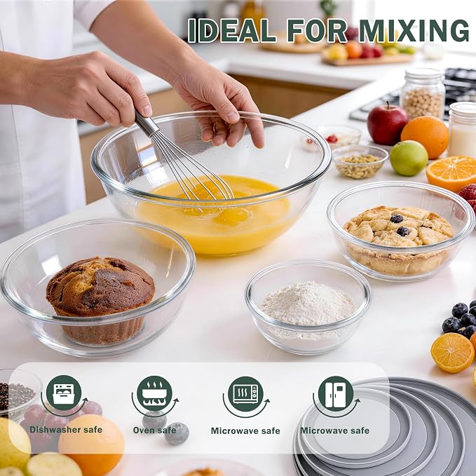 Glass Mixing Bowls with Lids Set of 4,Glass Bowls with Lids Large Mixing Bowl Salad Bowls Space-Saving Nesting bowls Serving bowls Storage Container for Cooking,Baking,Prepping - Image 4