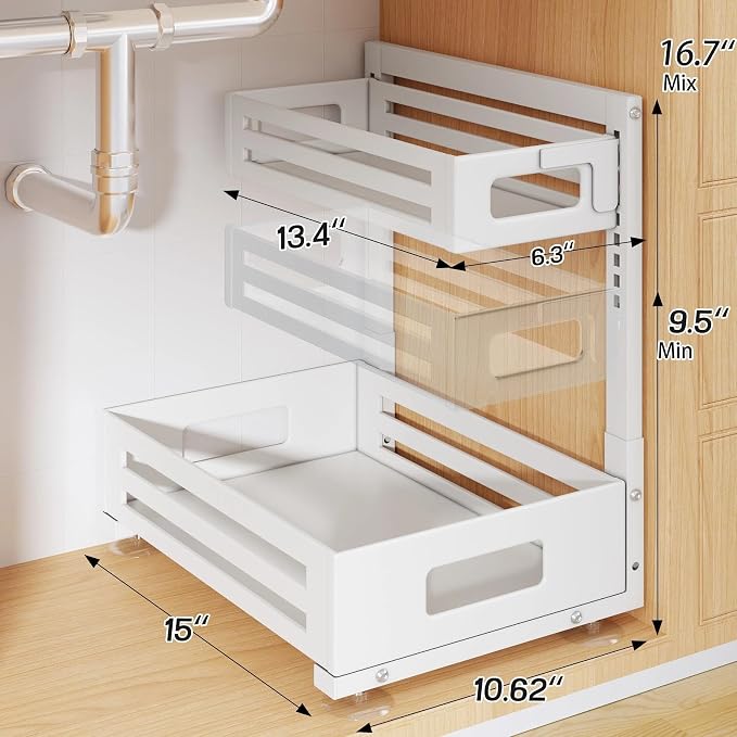 2 Pack Under Sink Organizer,Pull Out Cabinet Organizer With Smooth Cylindrical Rail,Metal Slide Out Drawer for Kitchen Bathroom Laundry Cabinet,8-Level Tool Free Height Adjustable-White - Image 2