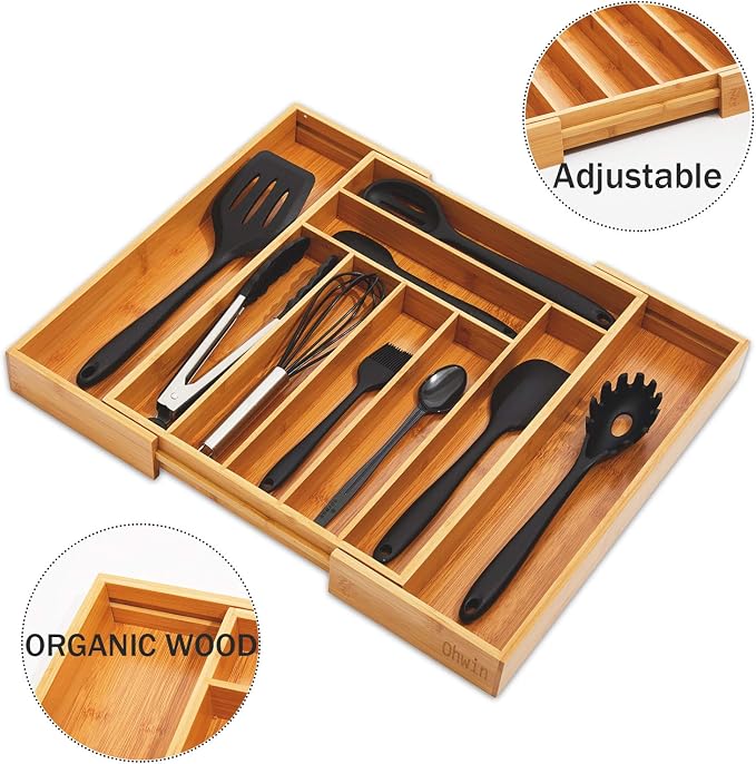 Bamboo Kitchen Drawer Organizer - Expandable Silverware Organizer/Utensil Holder and Cutlery Tray with Grooved Drawer Dividers for Flatware and Kitchen Utensils (9 Slots) - Image 3