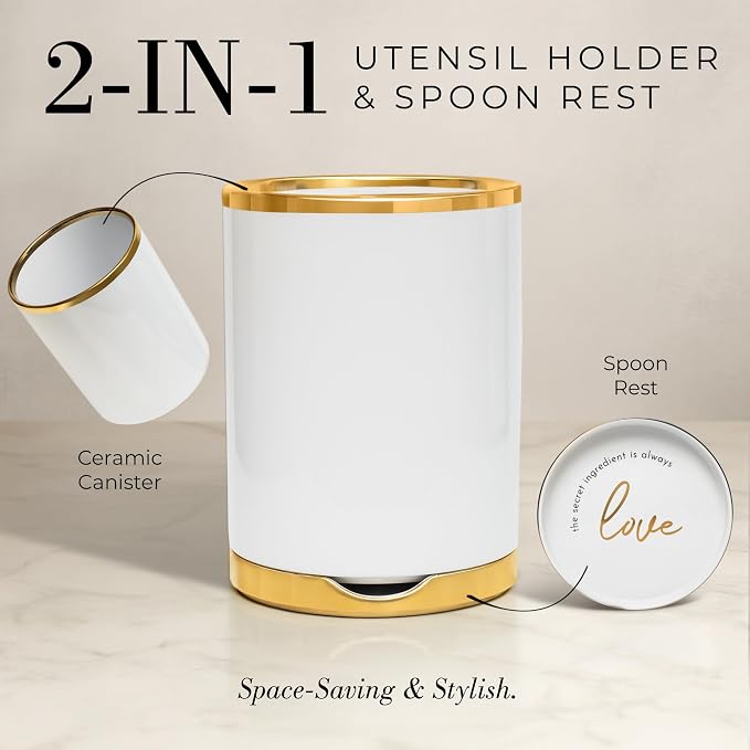 Styled Settings White and Gold Kitchen Utensils with Holder, 8-Piece | Heat Resistant, Nonstick, White Silicone Cooking Utensils Set, Ceramic Utensil Holder & Stackable Gold Spoon Rest - Image 3