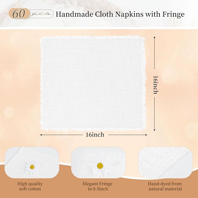 60 Pack White Cloth Napkins Cotton Linen Napkin 16 x 16 Inch White Napkins Cloth Handmade with Fringe Soft Washable Rustic Dinner Napkin Cloths for Wedding Party Dinner Table - Image 2