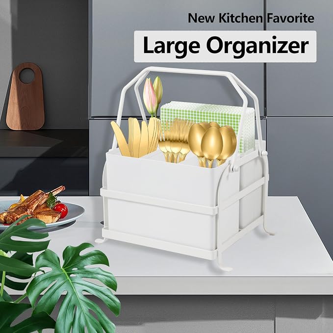 NelyBet Silverware Caddy Utensil Holder With Handle,Outdoor Silverware Holder Picnic Caddy and Camping Utensil Organizer, Flatware Holder for Party Gatherings, Metal -White - Image 6